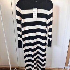Zara Black and White Striped Long Sleeve Dress